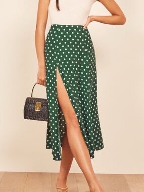 Reformation Zoe Polka Dot High-Slit Midi Skirt - Green